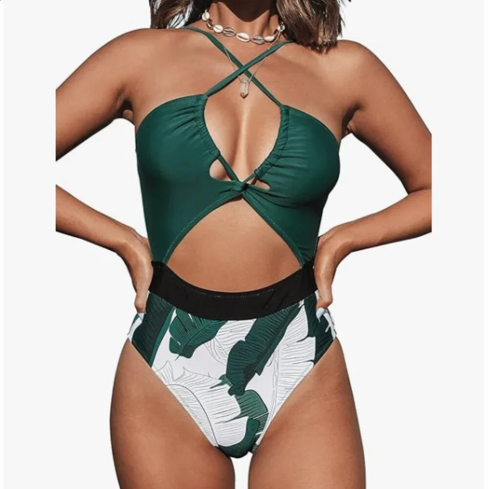 Tropical One Piece Plunge Neckline Cutout Criss Cross Swimsuit Size M - Picture 1 of 7